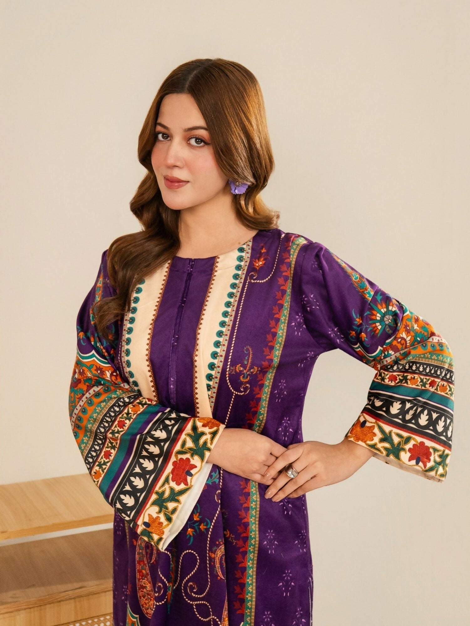 Stylish Collection Velvet Vogue Printed Co-Ord Set-Purple Pretty