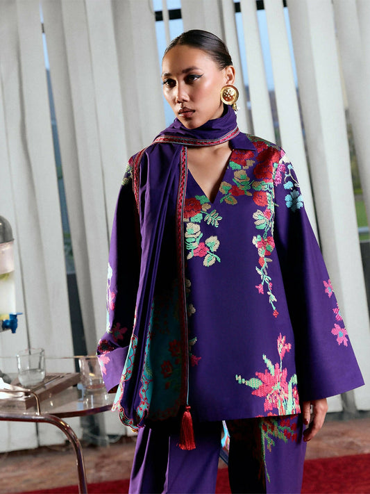 Jugnu by Hussain Rehar Lawn Embroidered Scarf-Sagnik