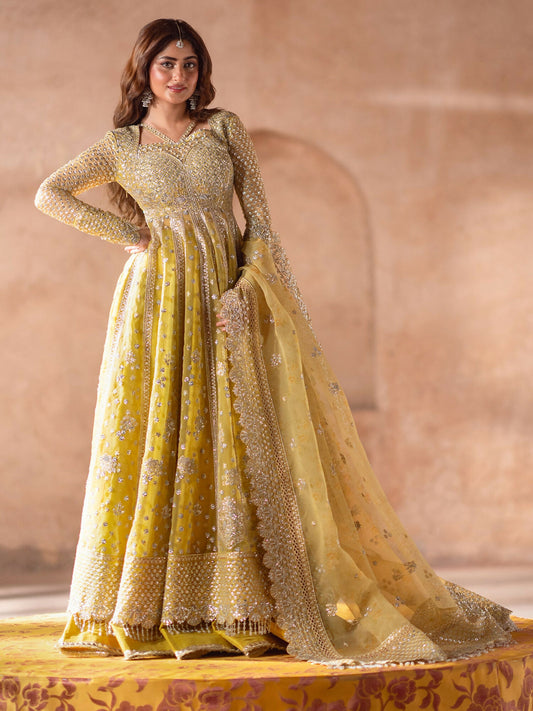 Binilyas unstitched luxury 3-piece suit with sequin embroidered organza shirt, embroidered organza and printed organza dupatta, and dyed silk trouser.