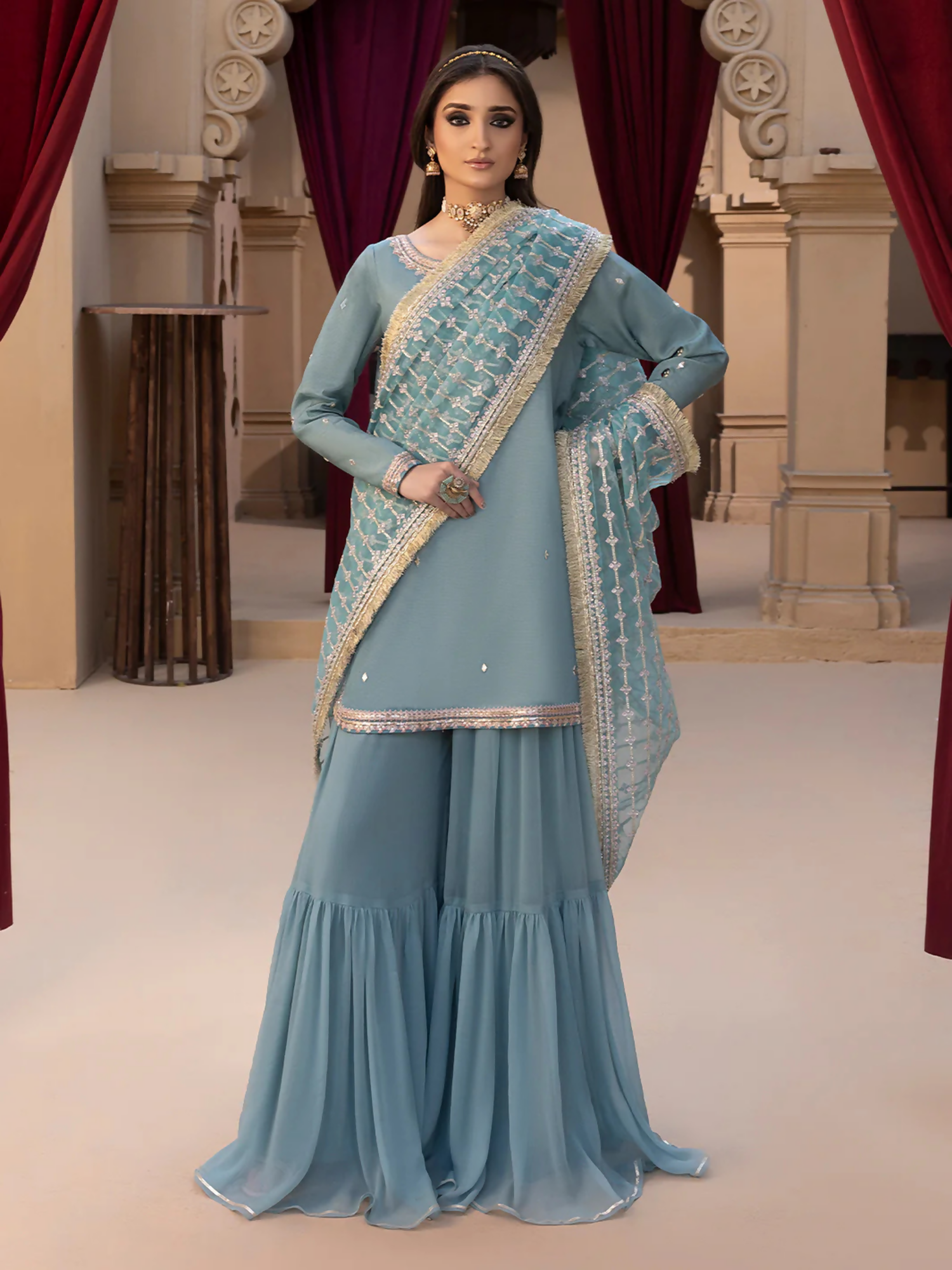 Hemstitch Raw Silk Embroidered Stitched Gharara-Layla