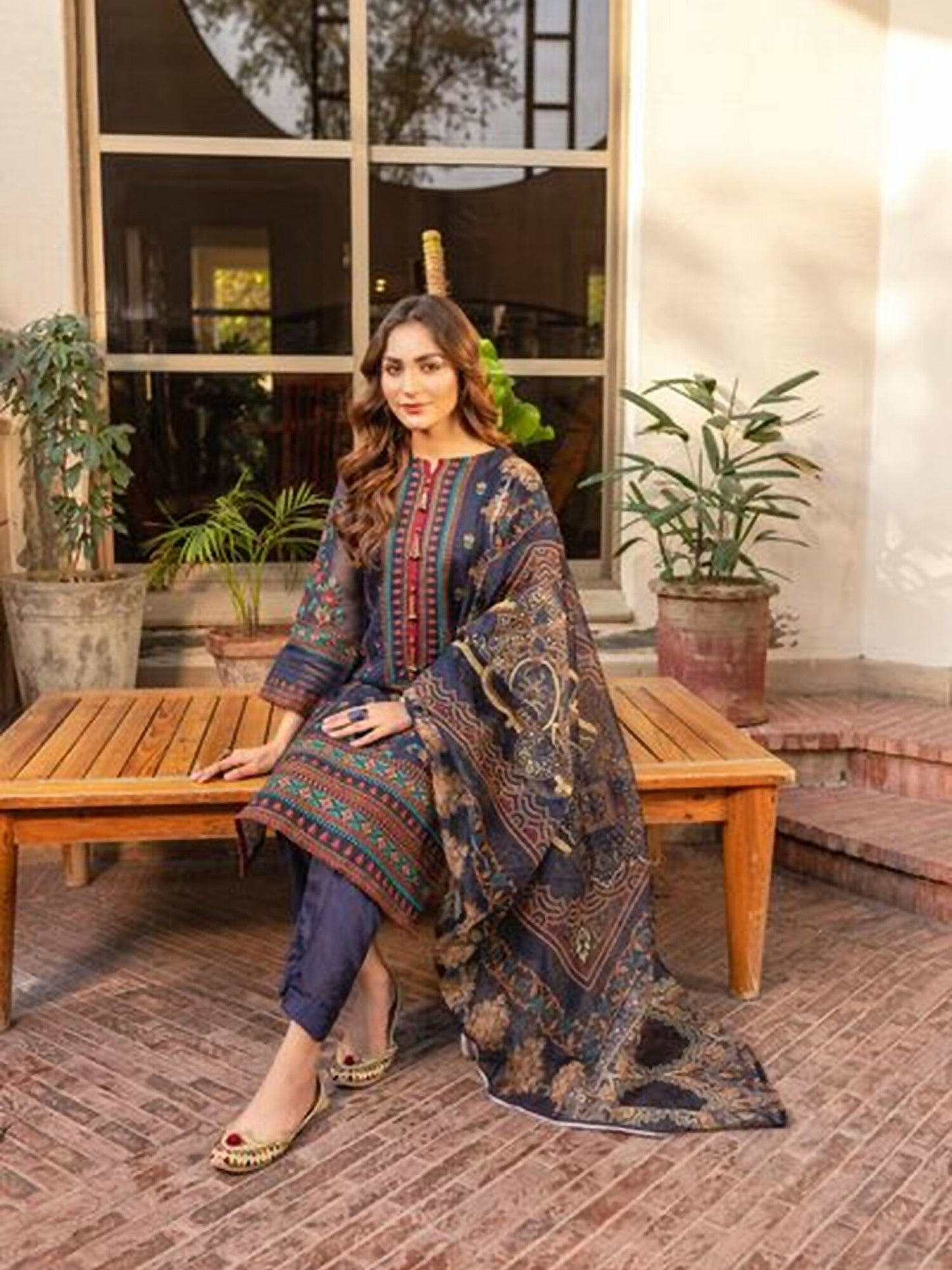Panache Apparel Cotton Net Embroidered Stitched Suit-Bluebell
