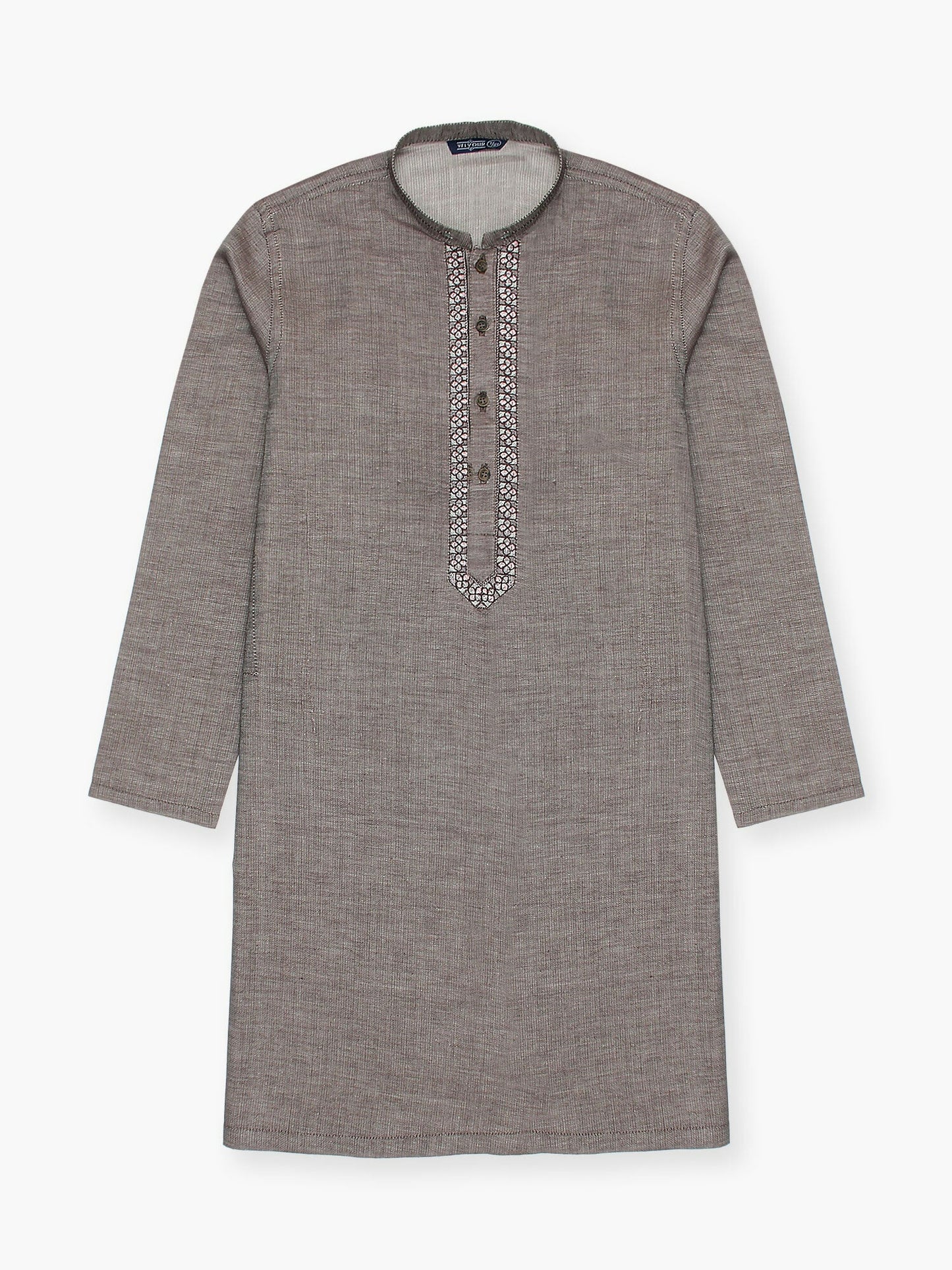 Boy wearing embroidered cotton kurta with mandarin collar, full sleeves, and regular fit, ideal for traditional wear