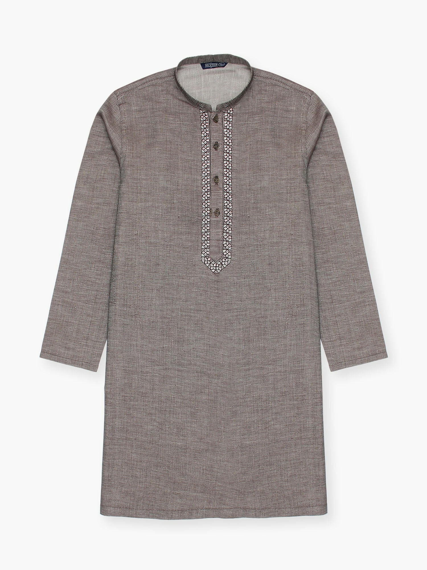 Boy wearing embroidered cotton kurta with mandarin collar, full sleeves, and regular fit, ideal for traditional wear