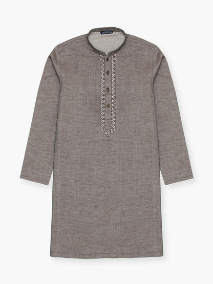 Boy wearing embroidered cotton kurta with mandarin collar, full sleeves, and regular fit, ideal for traditional wear