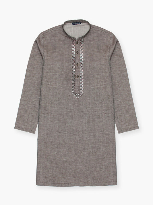 Boy wearing embroidered cotton kurta with mandarin collar, full sleeves, and regular fit, ideal for traditional wear