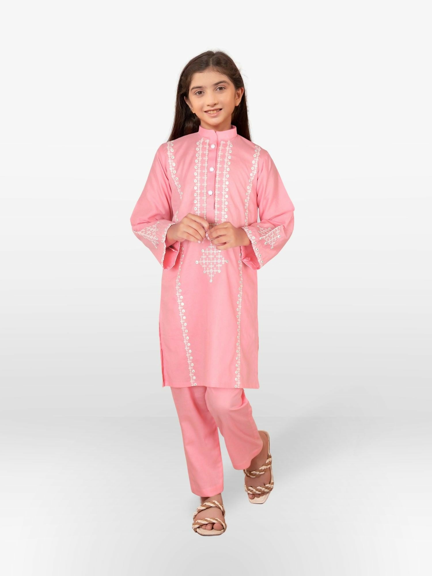 Light Pink Velvour Girls Embroidered Stitched 2-Piece Suit-VG103-A