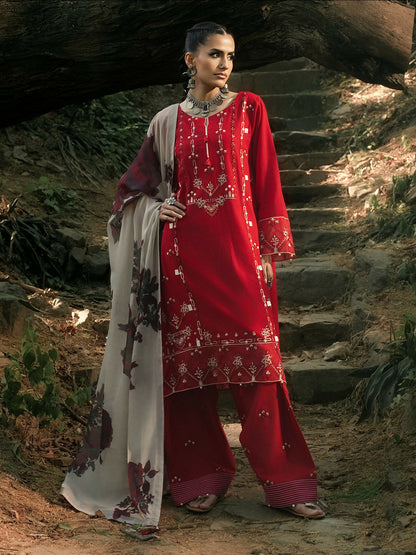 Hemstitch Lawn Embroidered Stitched 3-Piece Suit-Midnight Rose