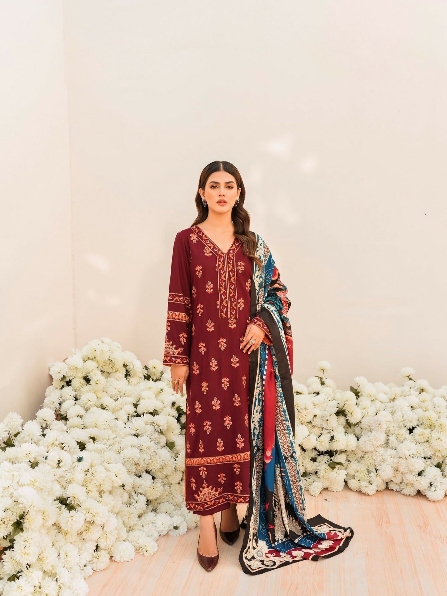 Panache Apparel Linen Embroidered Stitched Suit-Fluer