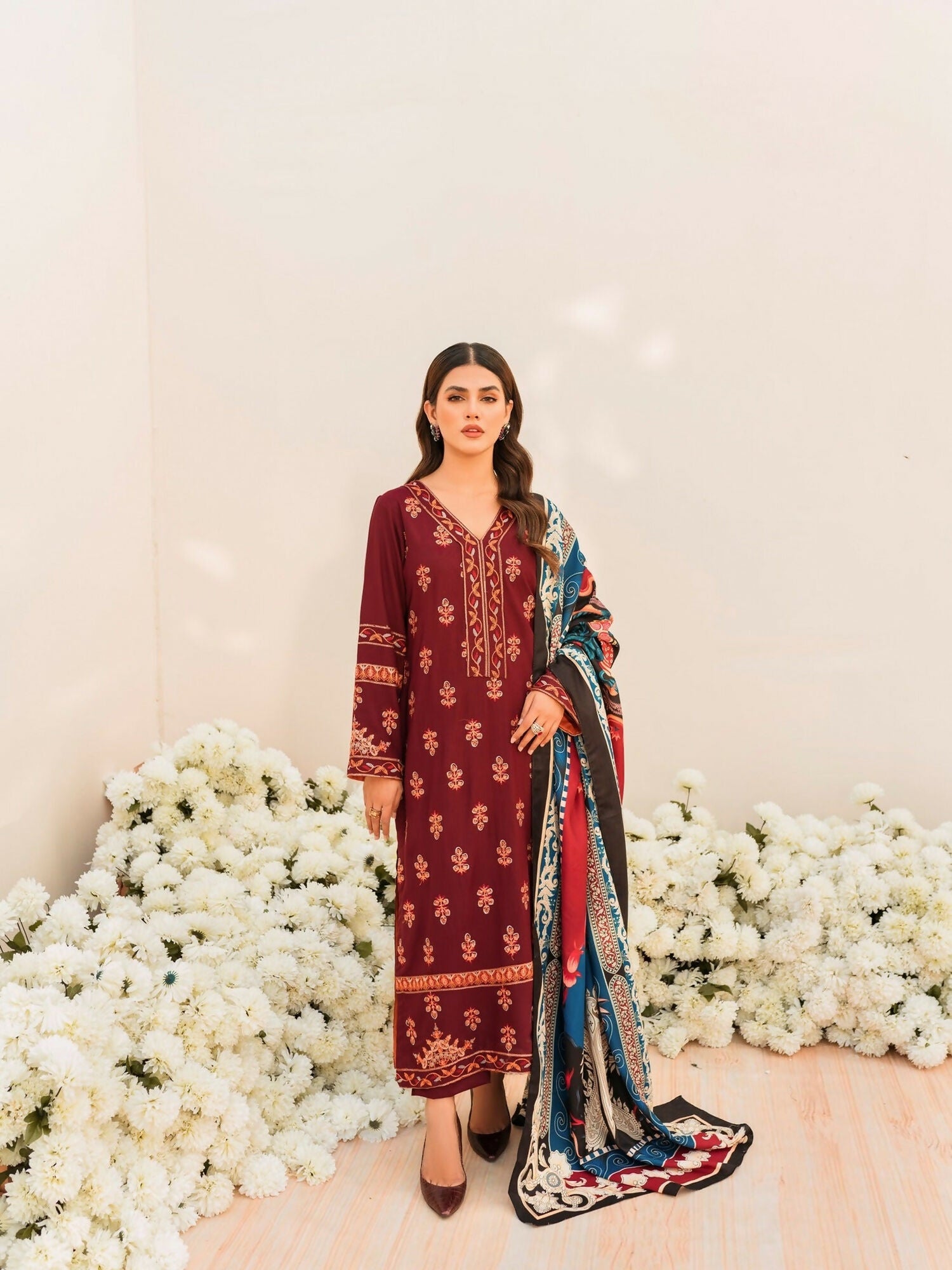 Panache Apparel Linen Embroidered Stitched Suit-Fluer