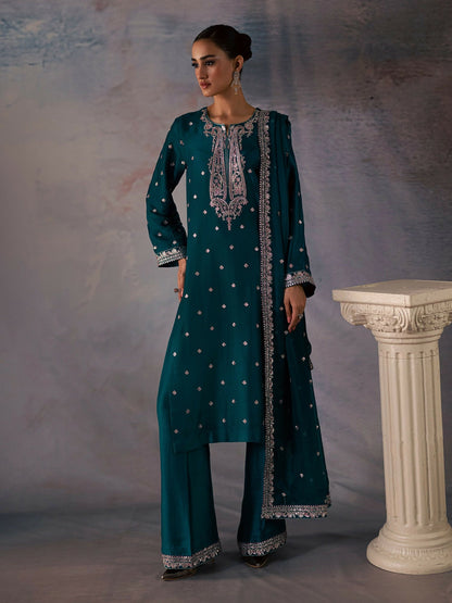 Allure By IH Be-My-Guest Thai Silk Embroidered Stitched 3-Piece Suit-Pine