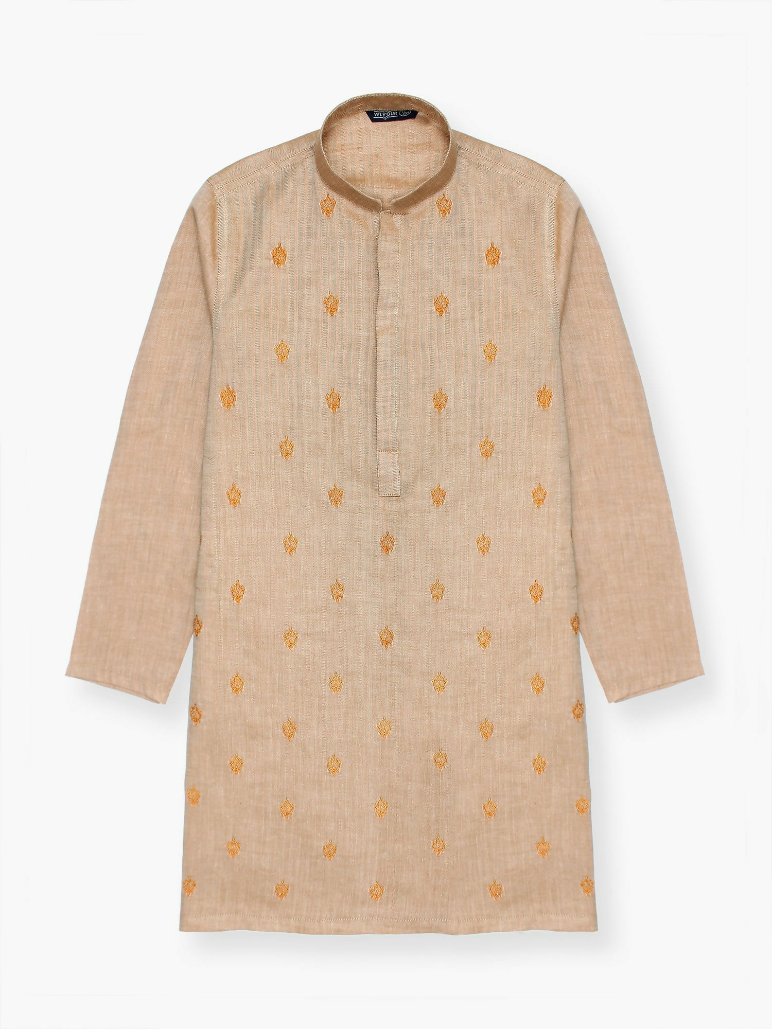 Embroidered stitched cotton kurta with mandarin collar, full sleeves, and regular fit, ideal for boys' traditional and festive wear