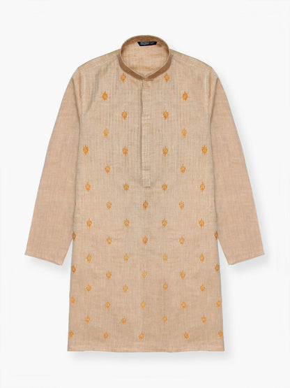 Embroidered stitched cotton kurta with mandarin collar, full sleeves, and regular fit, ideal for boys' traditional and festive wear