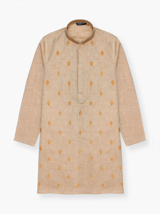 Embroidered stitched cotton kurta with mandarin collar, full sleeves, and regular fit, ideal for boys' traditional and festive wear