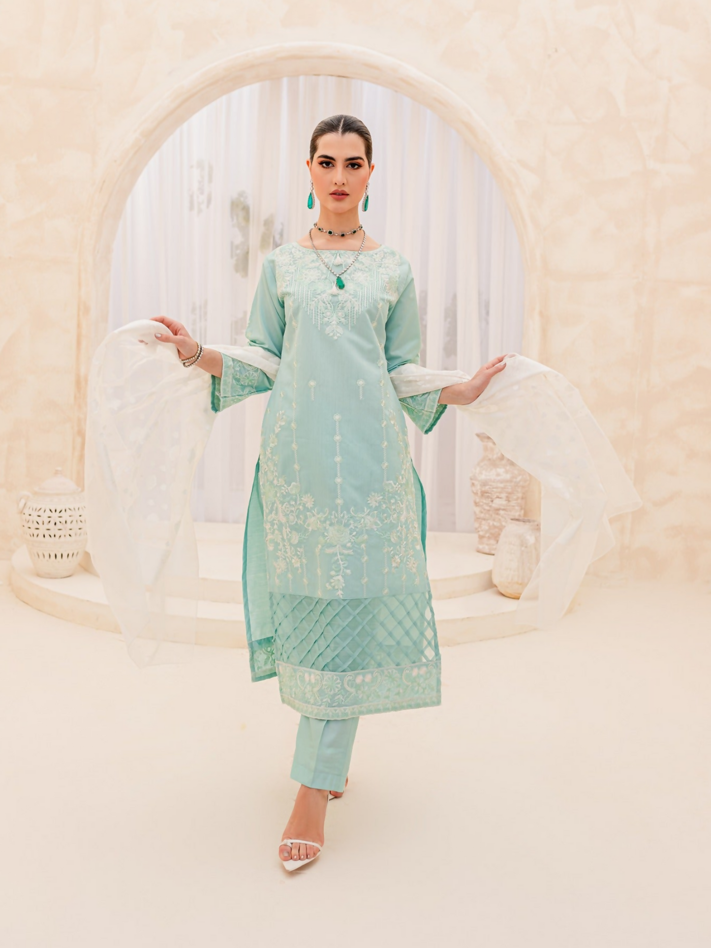 Panache Apparel Chambray Katan Embroidered Stitched Suit-Sky
