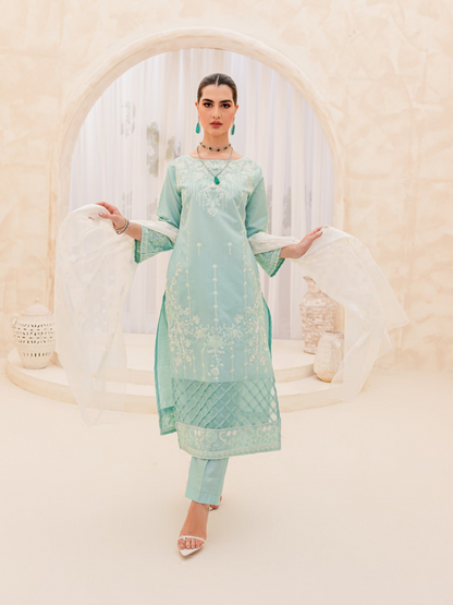 Panache Apparel Chambray Katan Embroidered Stitched Suit-Sky