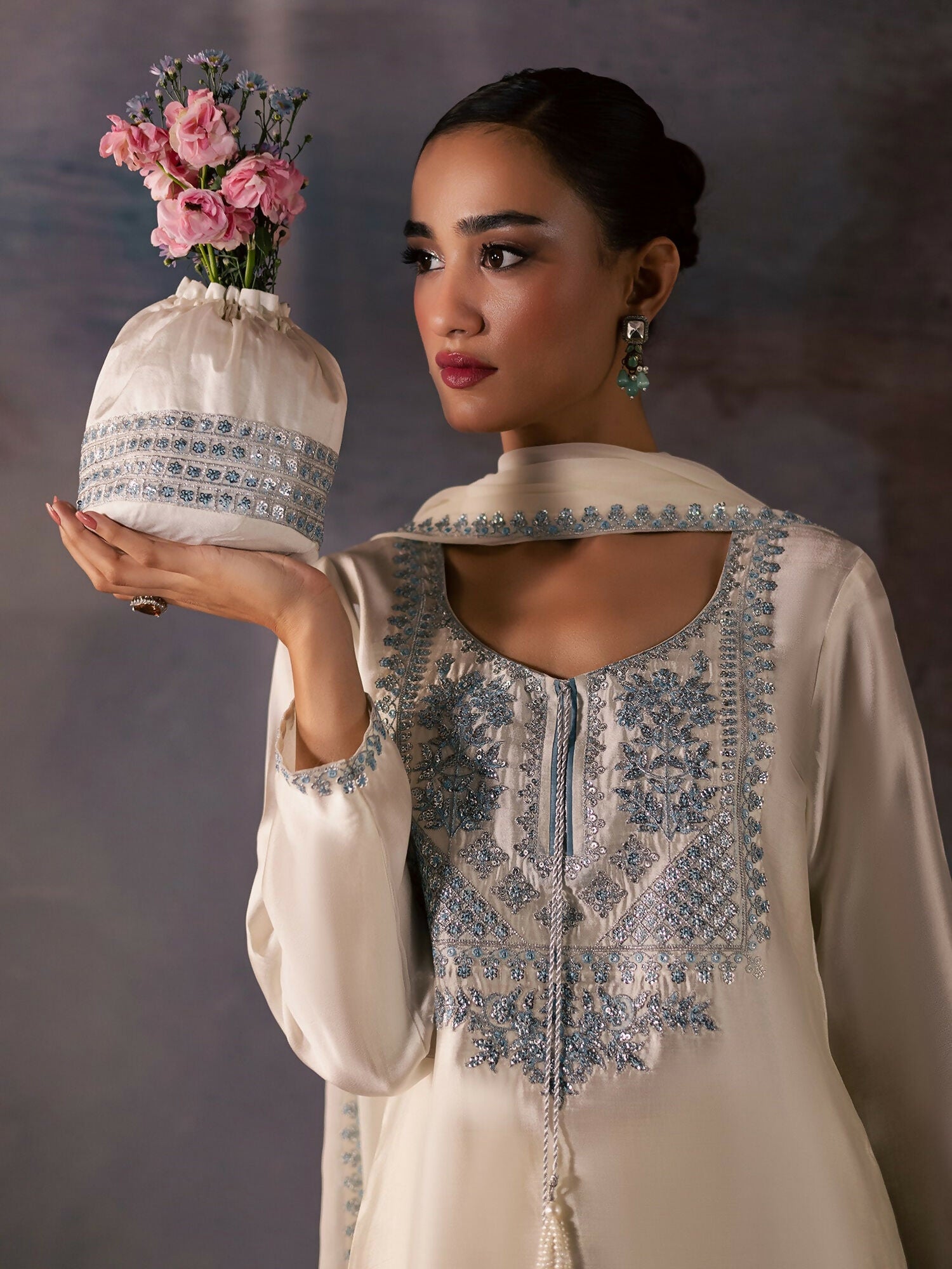 Allure By IH Be-My-Guest Thai Silk Embroidered Stitched 3-Piece Suit-Silence