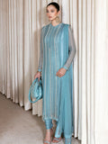Hussain Rehar Moon In The Golden Cup Organza Embellished Stitched 3-Piece Suit-Sininen