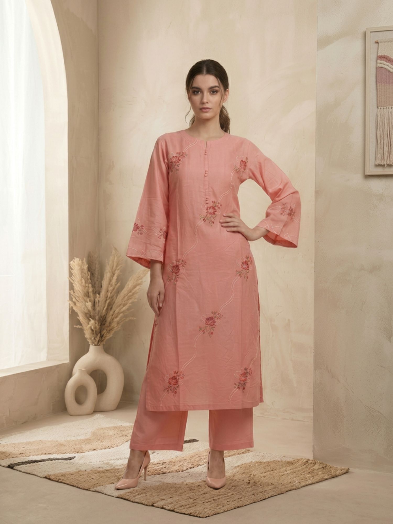 Peach-Silai Libas Summer Linen Embroidered Stitched 2-Piece Suit-Anaya
