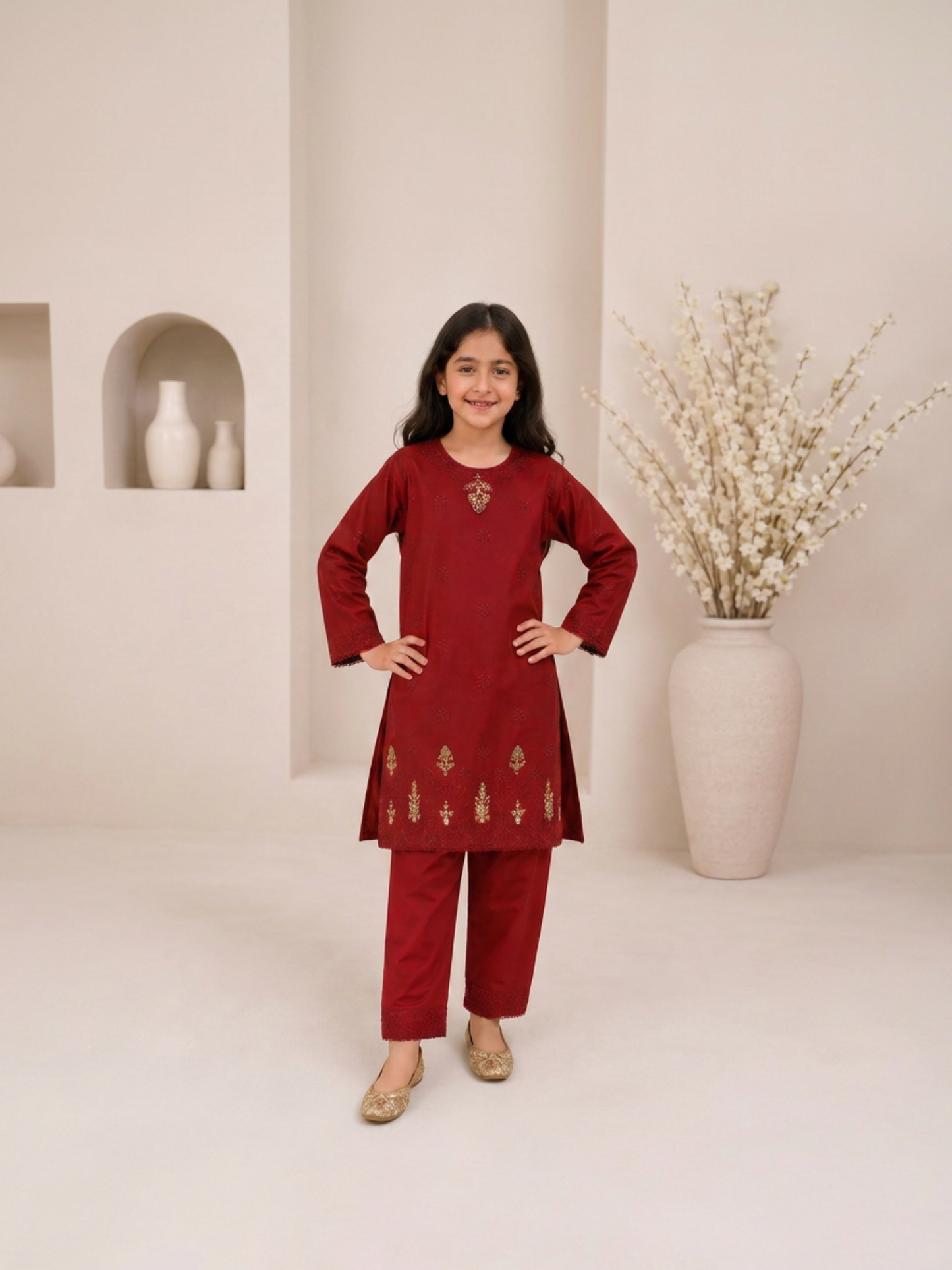 Maroon-Lumira Chikankari Cotton Embroidered Stitched 3-Piece Suit-Gul-e-Bachpan Maroon