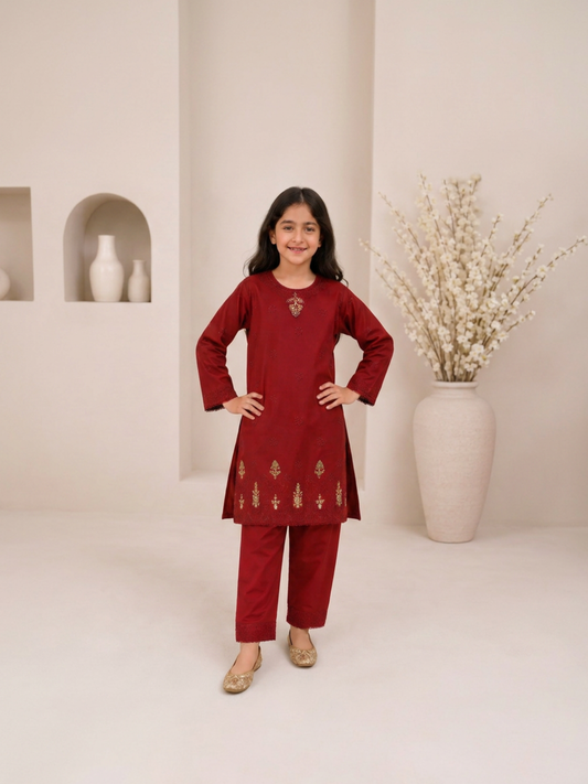 Maroon-Lumira Chikankari Cotton Embroidered Stitched 3-Piece Suit-Gul-e-Bachpan Maroon