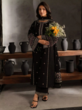 Black-Ayat Closet Linen Embroidered Stitched 3-Piece Suit-Black Hooriya