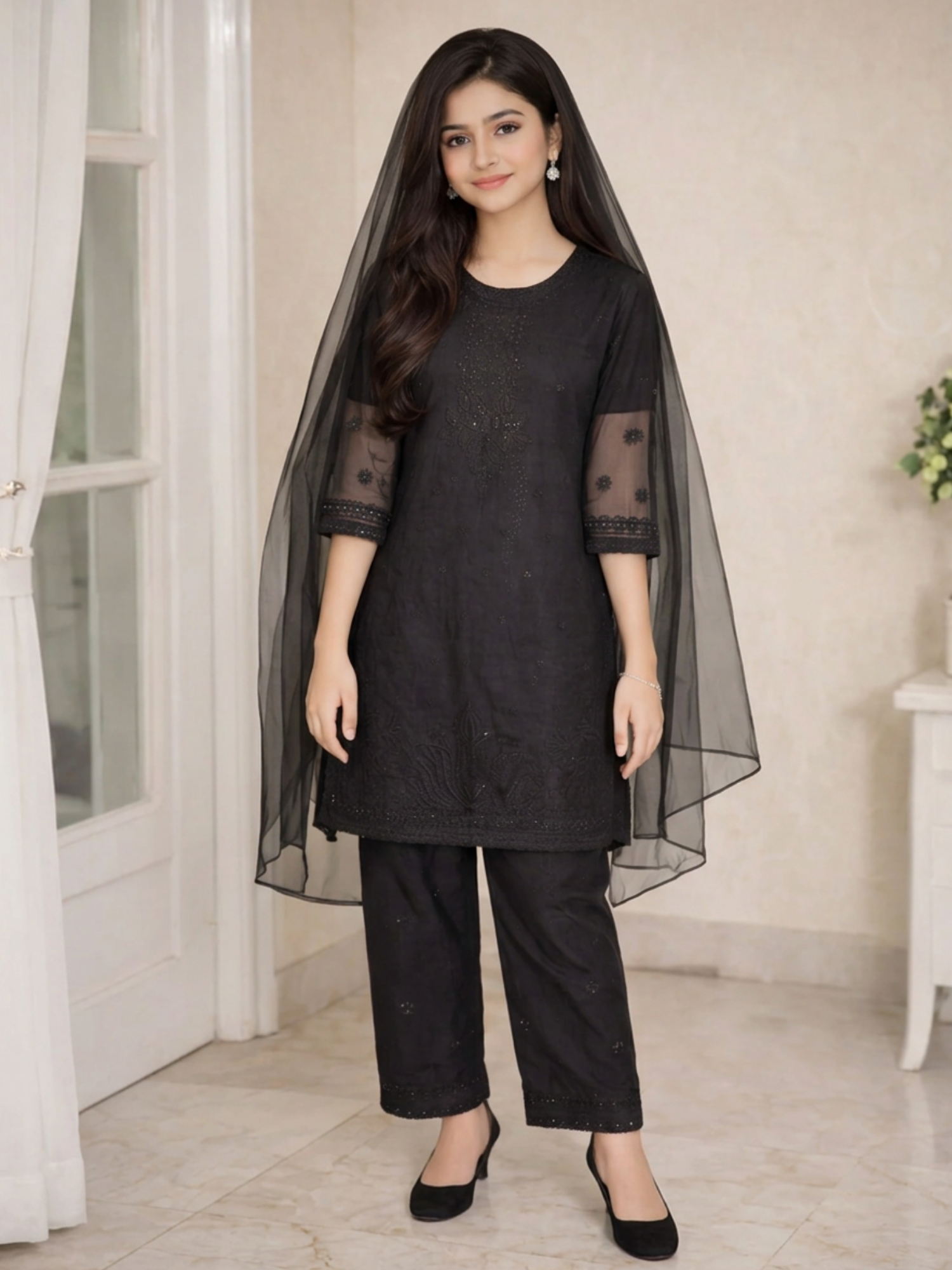 Black-Lumira Organza Embroidered Stitched 3-Piece Suit-Abroo