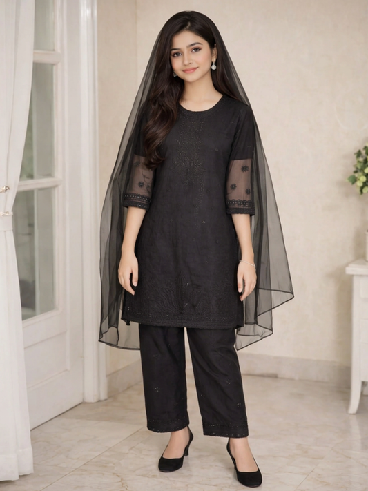Black-Lumira Organza Embroidered Stitched 3-Piece Suit-Abroo
