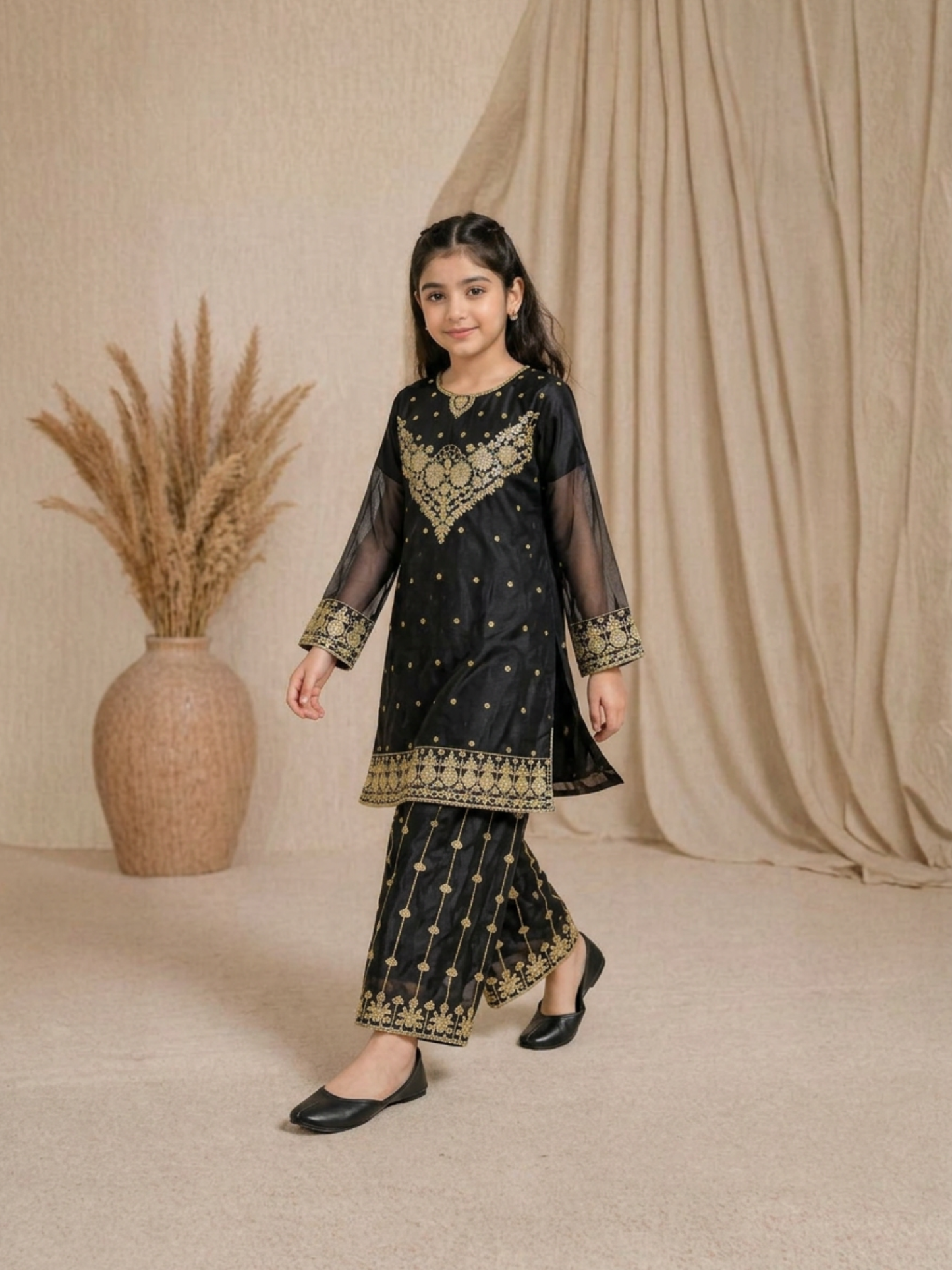 Black-Lumira Organza Embroidered Stitched 3-Piece Suit-Ilana