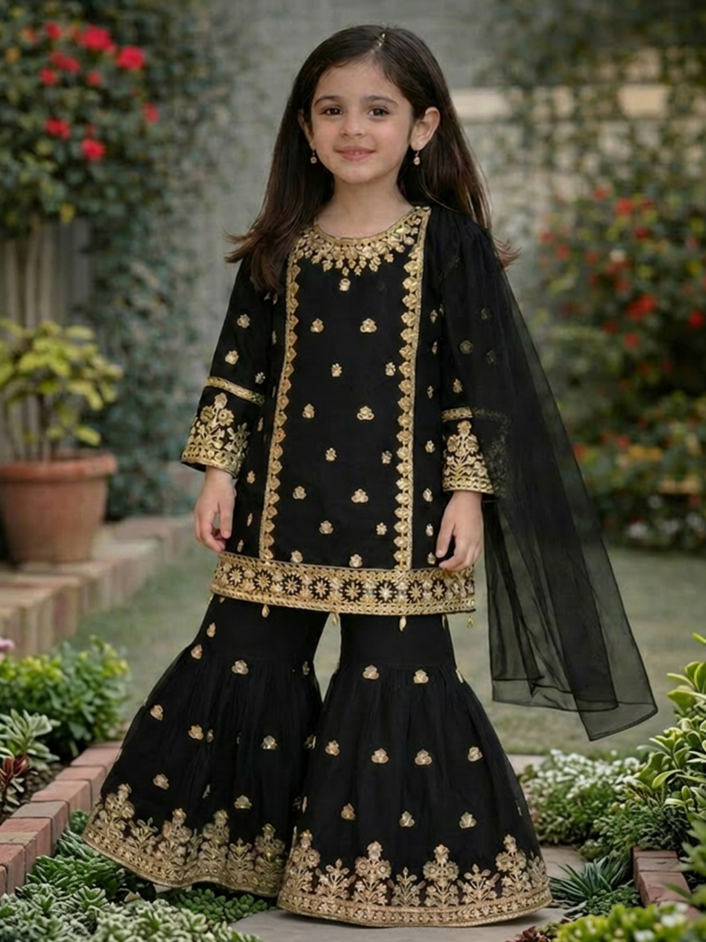 Black-Lumira Chiffon Embroidered Gharara-Elan