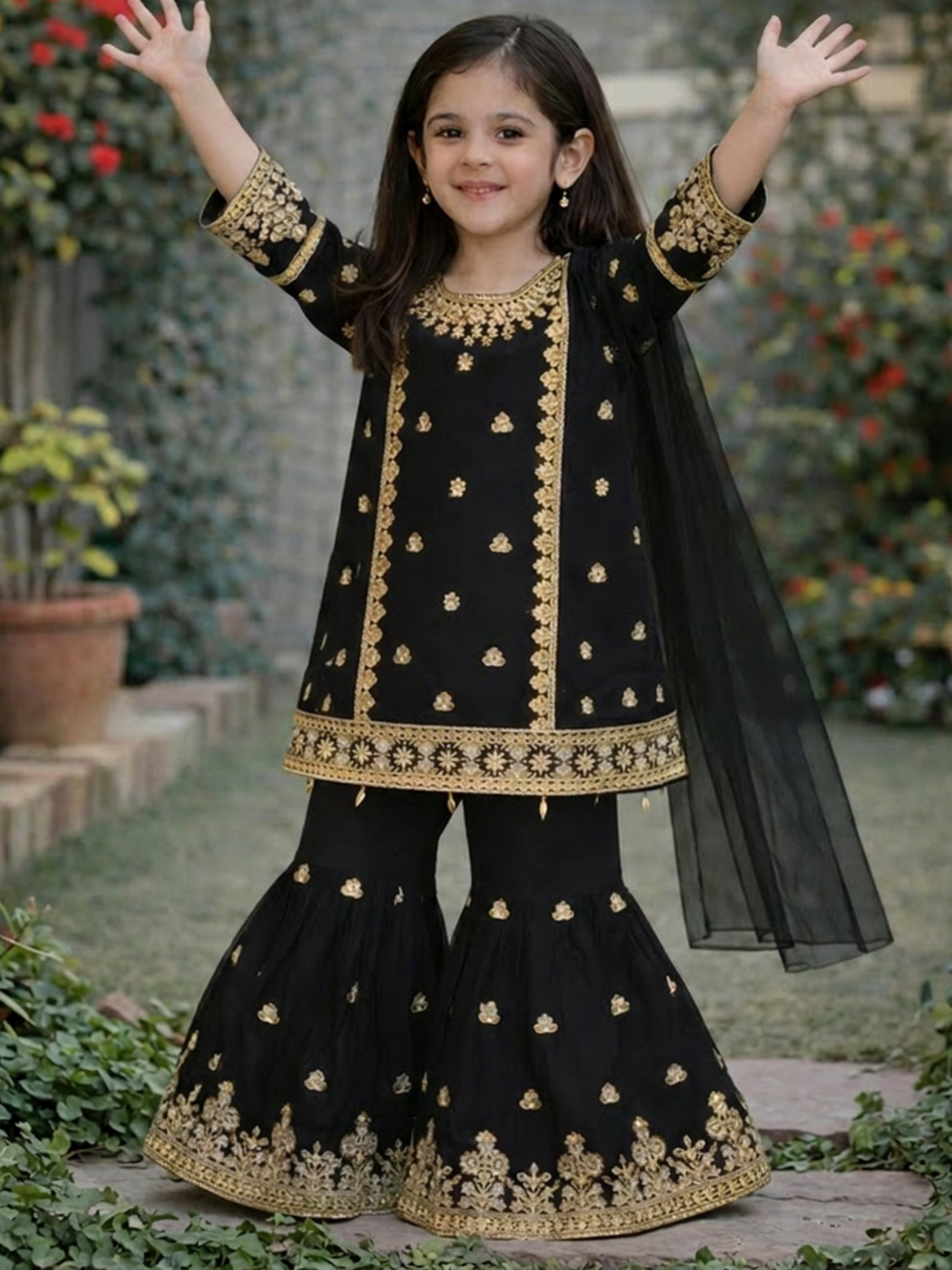 Black-Lumira Chiffon Embroidered Gharara-Elan
