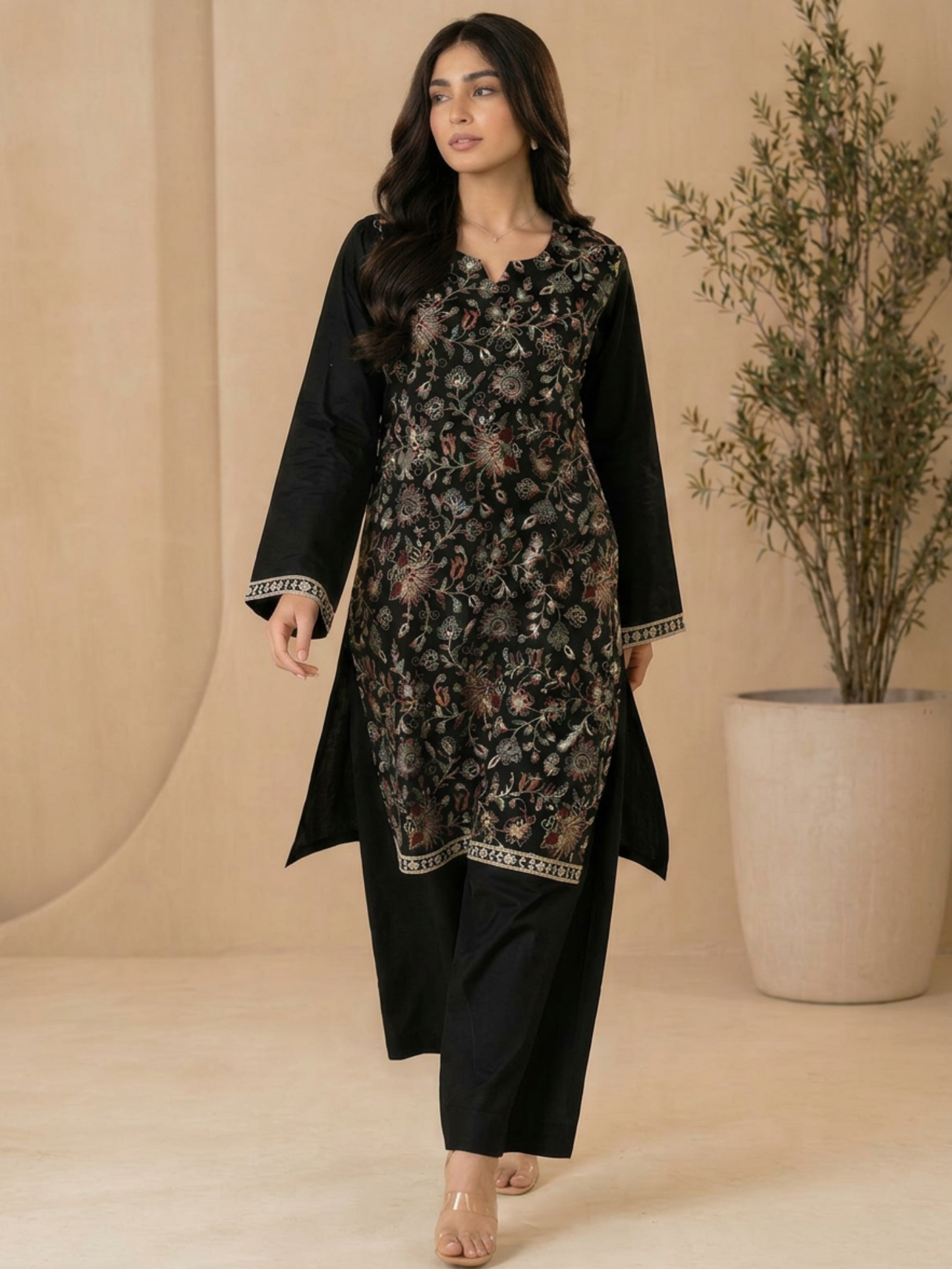 Black-Lumira Cotton Embroidered Stitched 3-Piece Suit-Sunaira