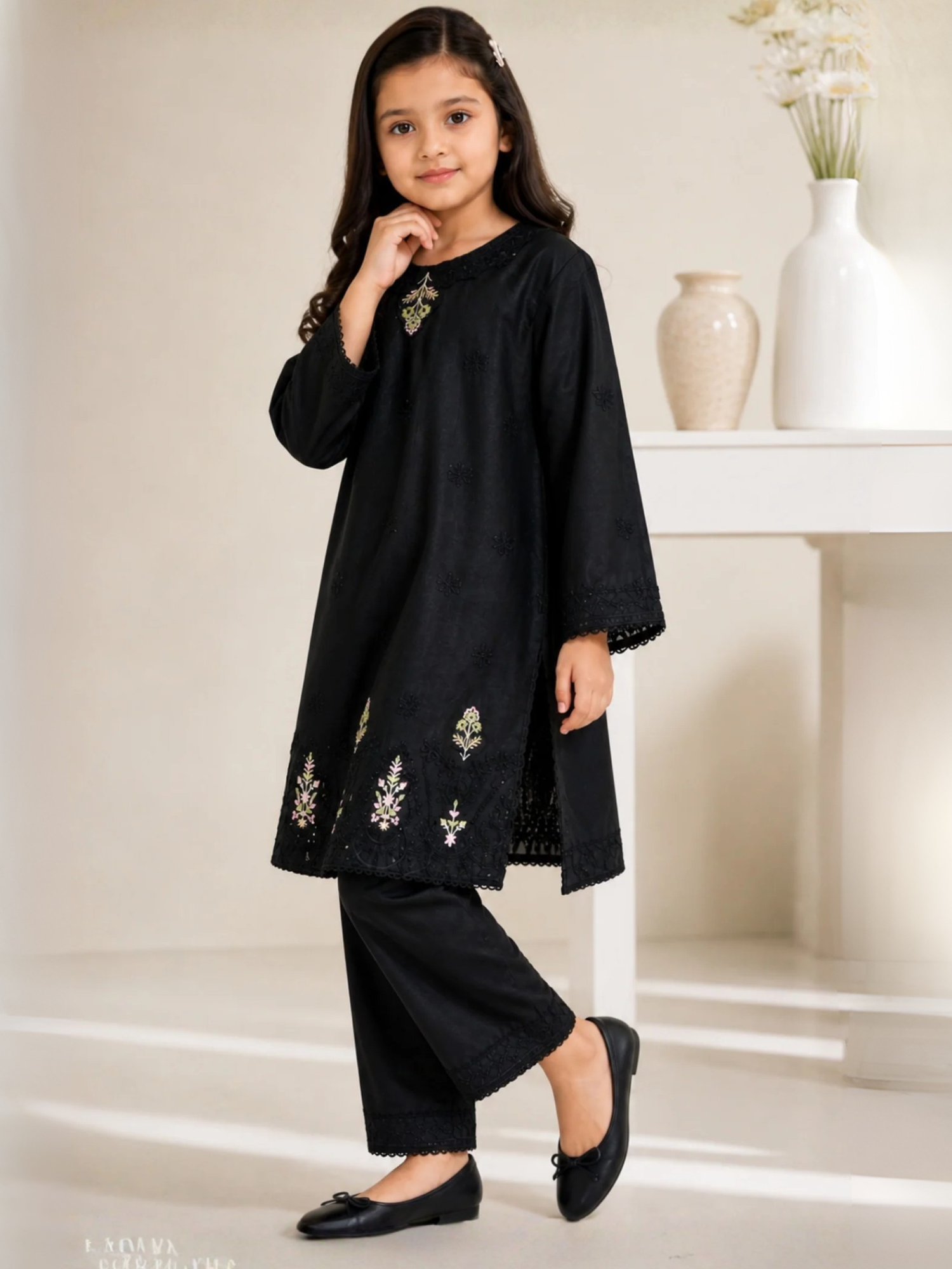 Black-Lumira Chikankari Cotton Embroidered Stitched 3-Piece Suit- Gul-e-Bachpan Black