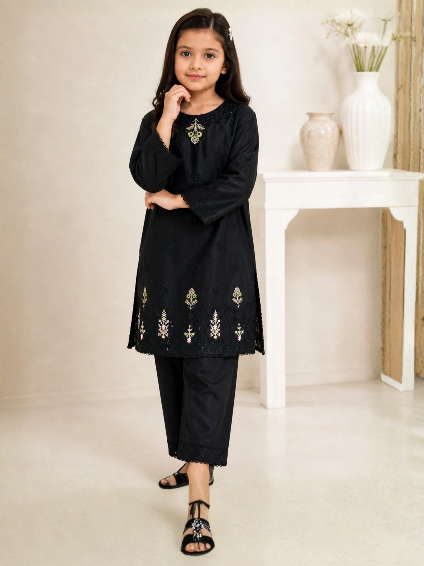 Black-Lumira Chikankari Cotton Embroidered Stitched 3-Piece Suit- Gul-e-Bachpan Black