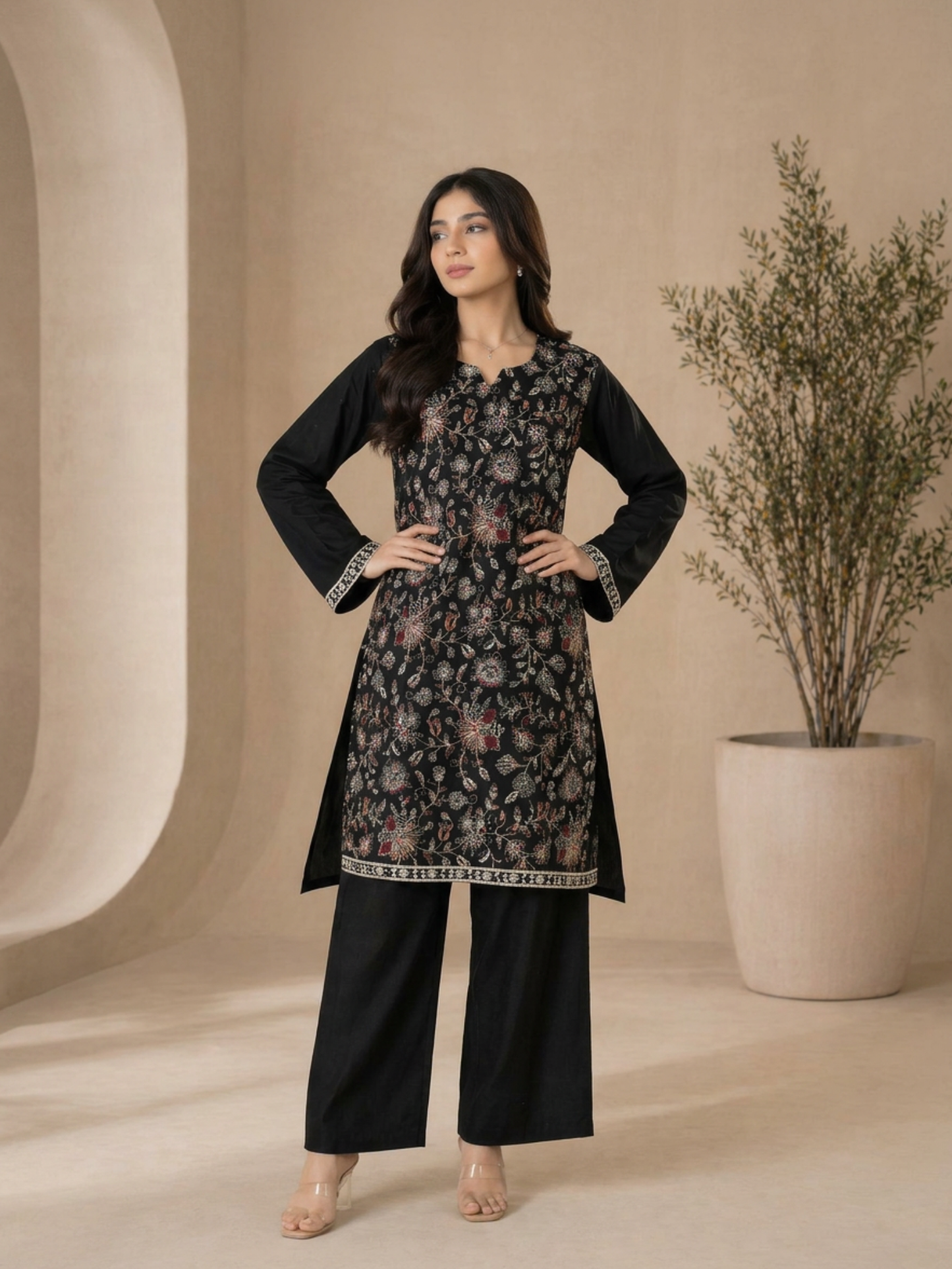 Black-Lumira Cotton Embroidered Stitched 3-Piece Suit-Sunaira