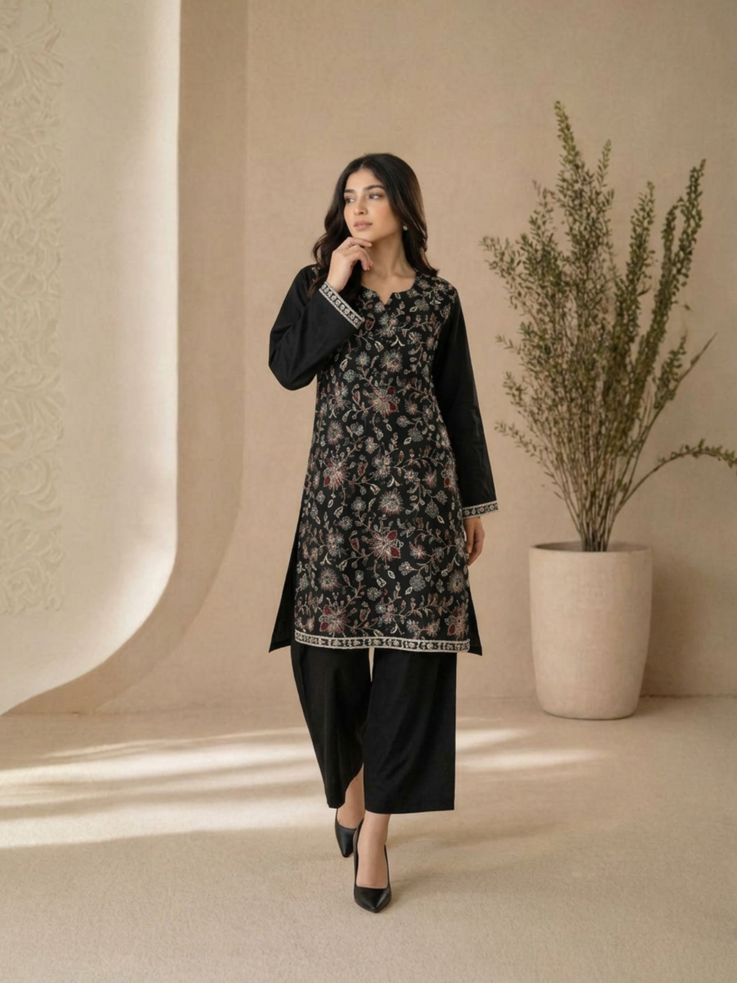 Black-Lumira Cotton Embroidered Stitched 3-Piece Suit-Sunaira