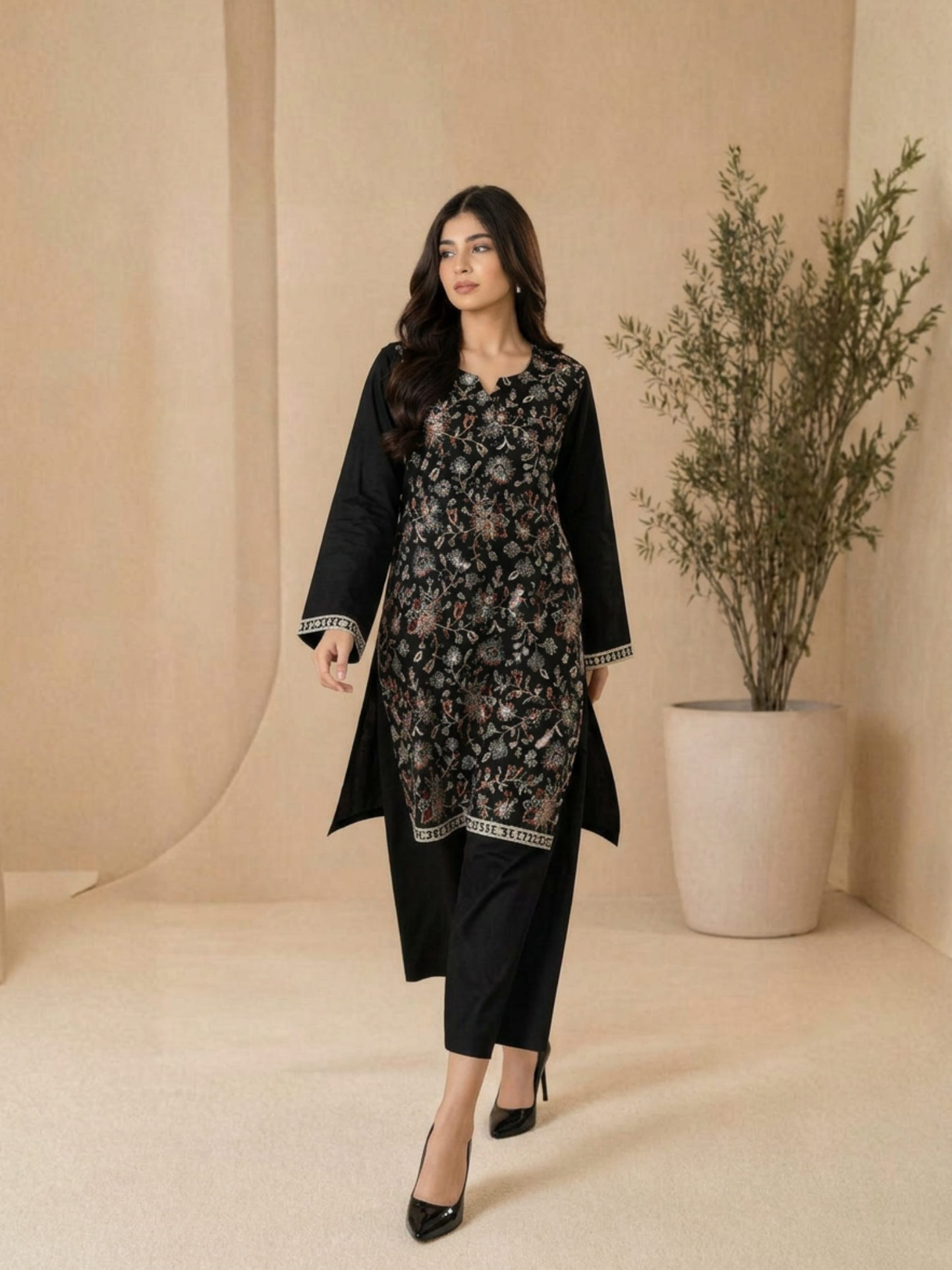 Black-Lumira Cotton Embroidered Stitched 3-Piece Suit-Sunaira