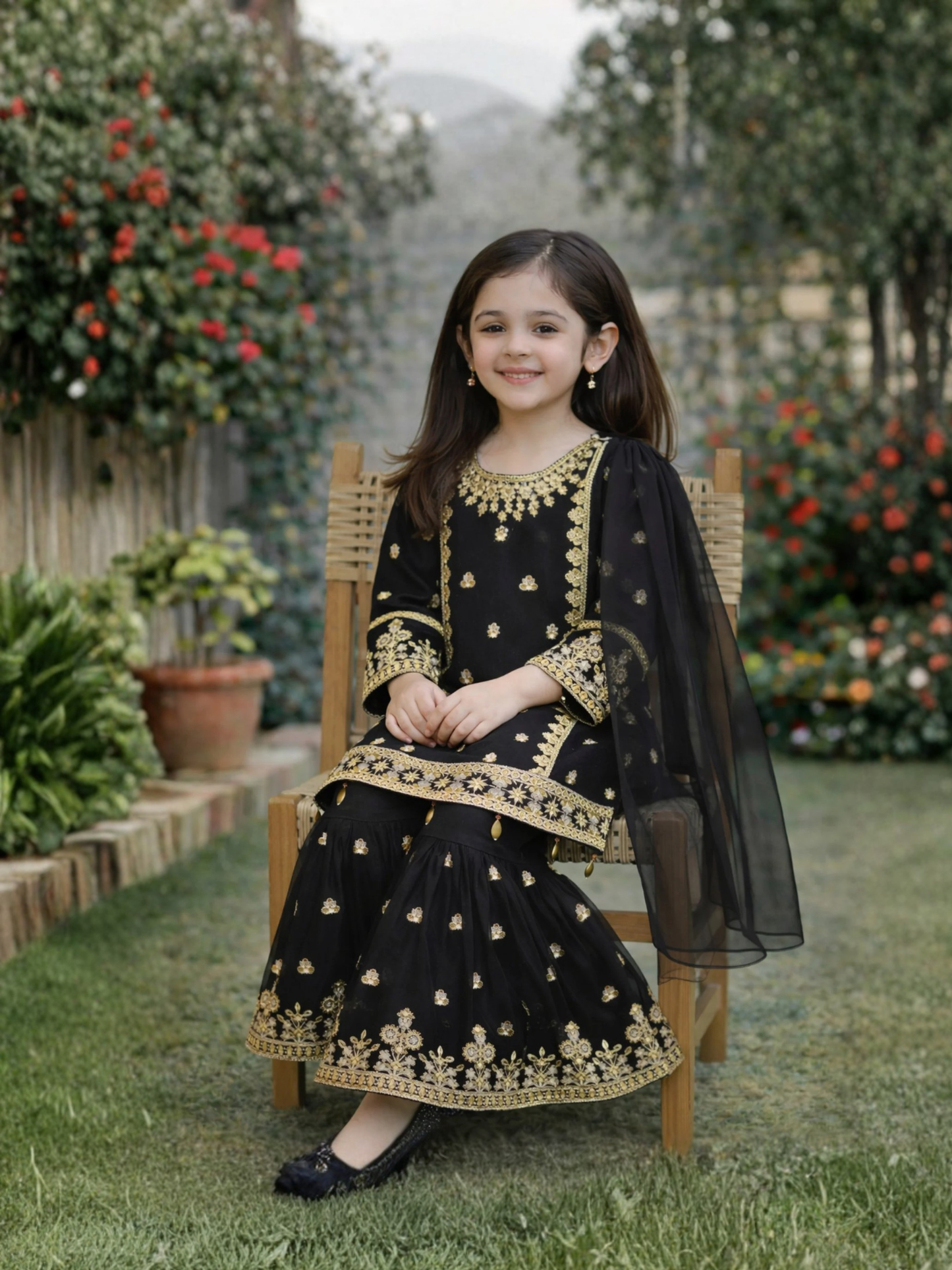 Black-Lumira Chiffon Embroidered Gharara-Elan