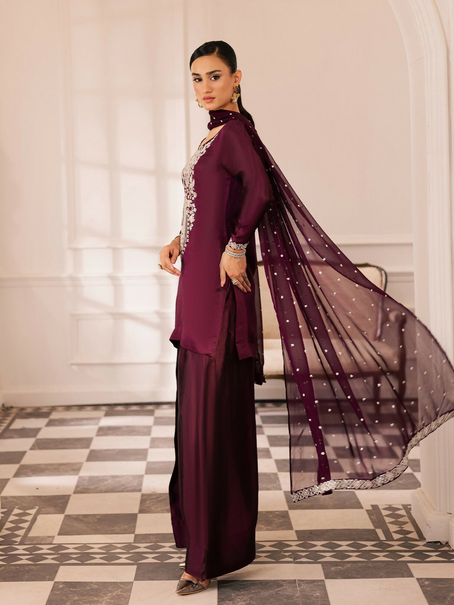 Allure By IH Be-My-Guest Thai Silk Embroidered Stitched 3-Piece Suit-Raisin