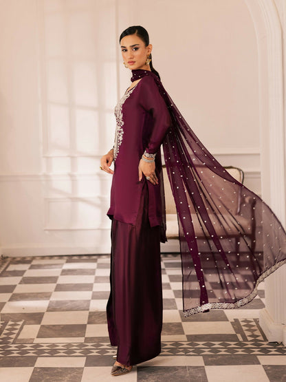Allure By IH Be-My-Guest Thai Silk Embroidered Stitched 3-Piece Suit-Raisin