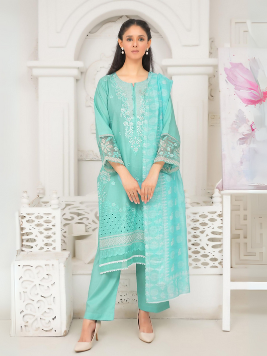 Woman wearing stitched 3-piece suit with fine embroidery on straight-cut shirt, delicately detailed sleeves, embroidered neckline, digitally printed dupatta, and matching straight trouser.