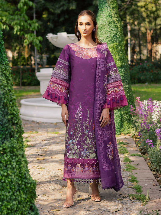 Unstitched 3-piece printed lawn suit with embroidered neckline and borders, embroidered slub net dupatta, and printed cambric trouser.