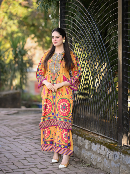 Tehzeeb Libas Poly Lawn Embroidered Co-Ord Set-Caramel