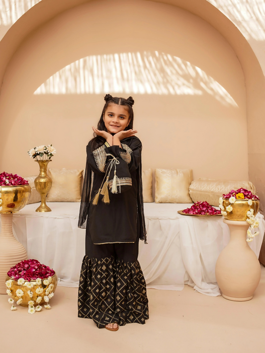 Kidoz Kloset Cotton Silk Embroidered Gharara-Midnight Luxe-Girl