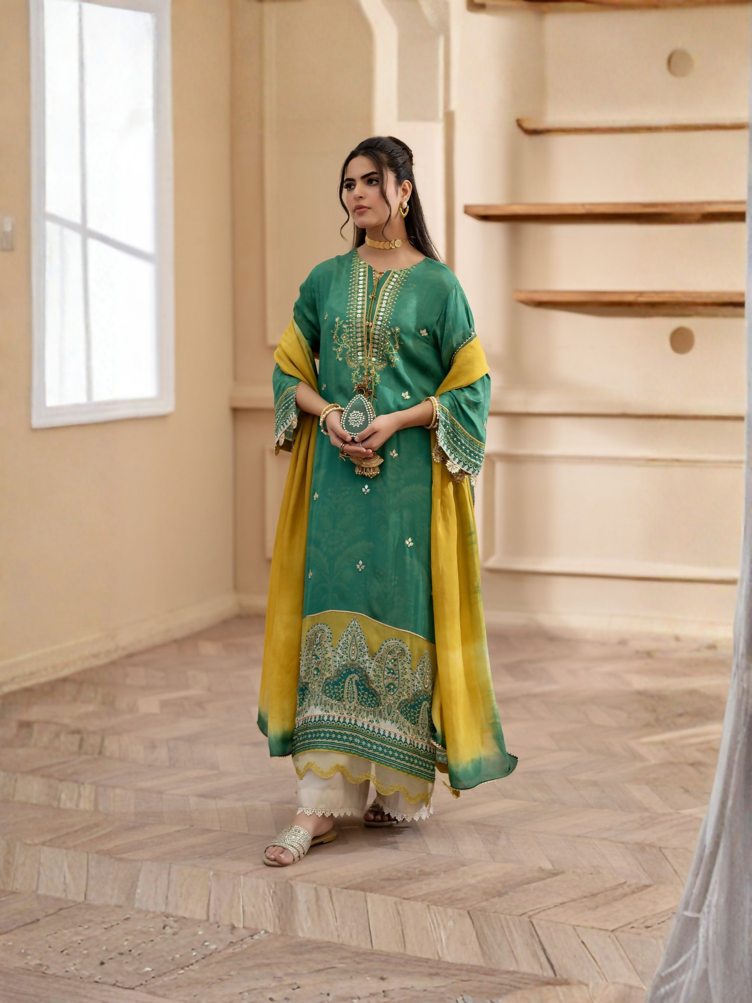Shiza Hassan – Deep green satin silk outfit with lime accents, pearls, sequins, two-tone dupatta, and cutwork pants.