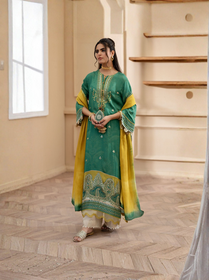 Shiza Hassan – Deep green satin silk outfit with lime accents, pearls, sequins, two-tone dupatta, and cutwork pants.