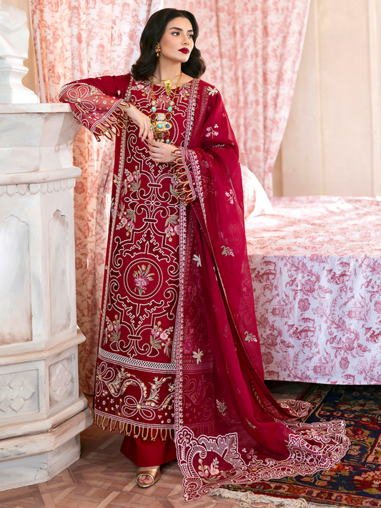 Unstitched 3-piece embroidered suit with laser-embroidered front, embroidered back and sleeves, matching borders, dyed slip, embroidered dupatta, and dyed trouser.