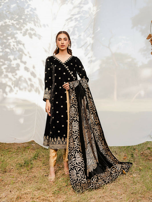 Panache Apparel Velvet Edit Micro Velvet 9000 Embroidered Stitched 3-Piece Suit-Raqs