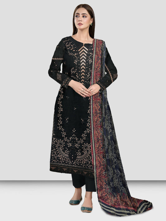 Fully embroidered shirt with plain trousers and a voile dupatta featuring ornate detailing—ideal for formal or evening wear.