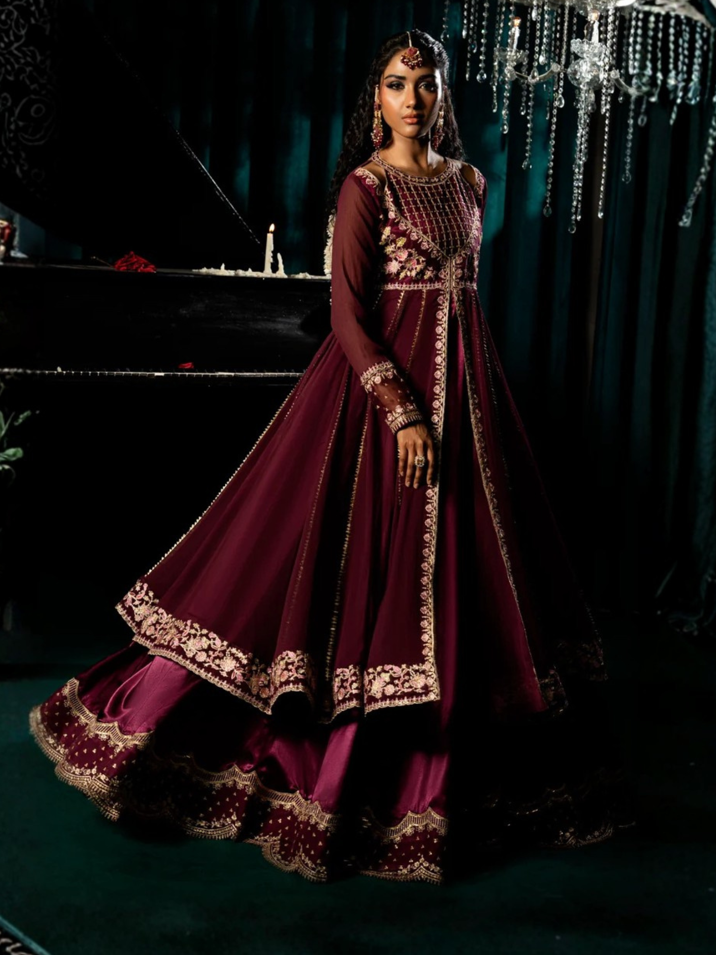 Purple-Hani & Umaima Chiffon Embroidered Pishwas-Zimal