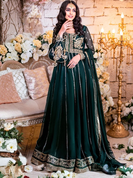 Green-Hani & Umaima Chiffon Embroidered Pishwas-Noor